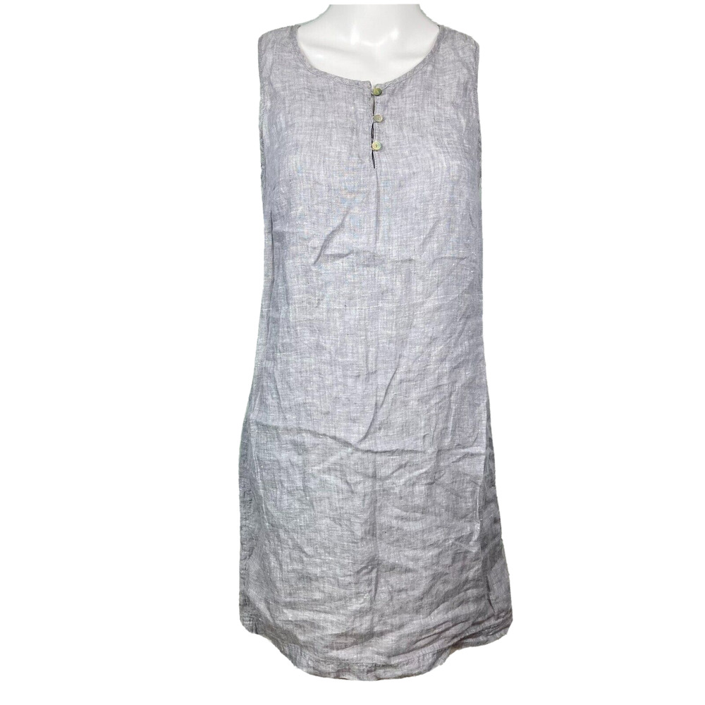 St Tropez Dress Womens Sz 4 Light Gray Linen Sleeveless Back Zip Shift Buttons